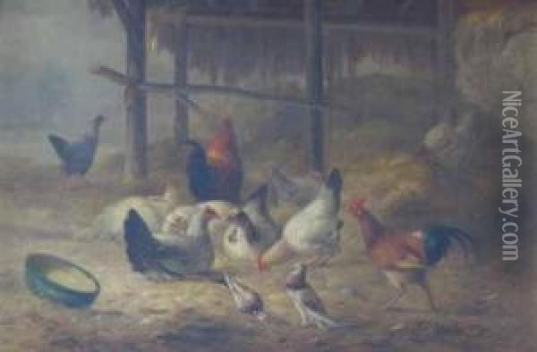 Chickens Feeding Oil Painting - Albert Smets