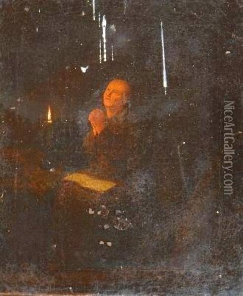 Hermit At Prayer By Candlelight Oil Painting - Bernardus Van Schendel