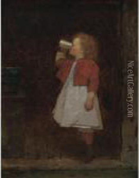 Little Girl With Red Jacket Drinking From Mug Oil Painting - Eastman Johnson