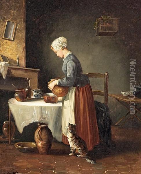 Scene From A Kitchen With The Maid And A Cat Oil Painting - Charles-Felix-Edouard Deshayes