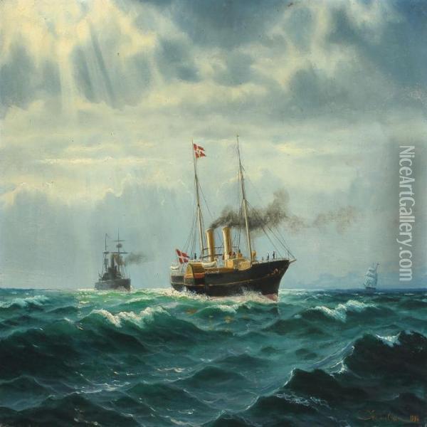 Seascape With The Old Royal Yacht Dannebrog Oil Painting - Christian Benjamin Olsen