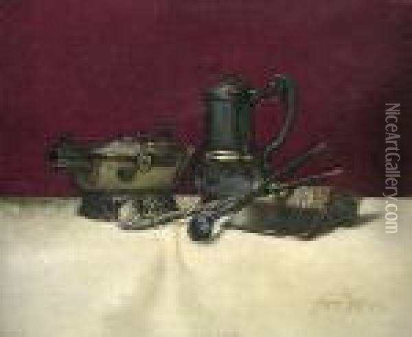 Still Life Of Pipes, An Open Book, A Metal Pitcher And A Brazier Oil Painting - Milne Ramsey