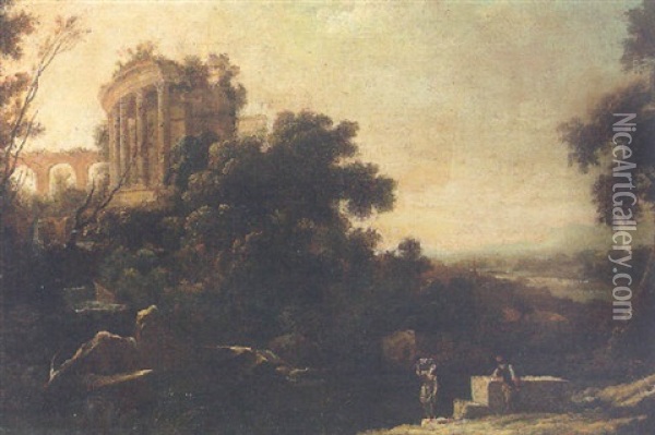 A River Landscape With Figures Resting Beneath A Ruined Temple Oil Painting - Pierre Antoine Patel