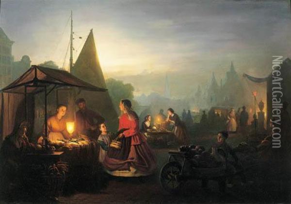 The Evening Market Oil Painting - Petrus van Schendel