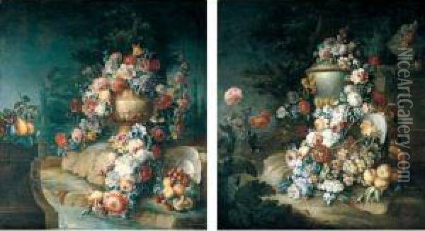 Still Life Of A Garland Of 
Flowers Draped On An Urn, Together With Peaches, Grapes And Other Fruit 
In An Upturned Bowl, All In A Garden Setting Oil Painting - Michele Antonio Rapous