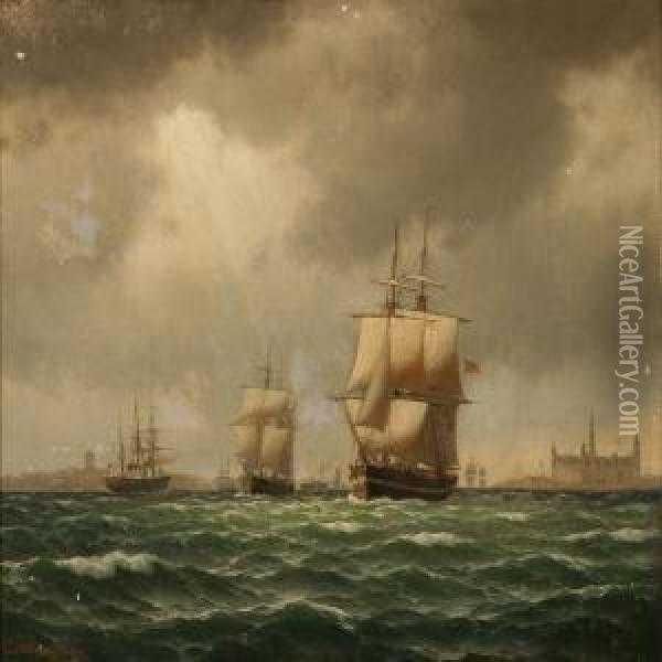 Coastal Scene With Sailing Ships Near Elsinor Castle Oil Painting - Carl Emil Baagoe