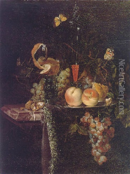 A Still Life Of A Peeled Orange In A Glass Roemer Of White Wine, A Facon De Venise Of Red Wine, Peaches On A Silver Plate, Bread, Grapes, Walnuts And Butterflies Oil Painting - Hendrik de Fromantiou