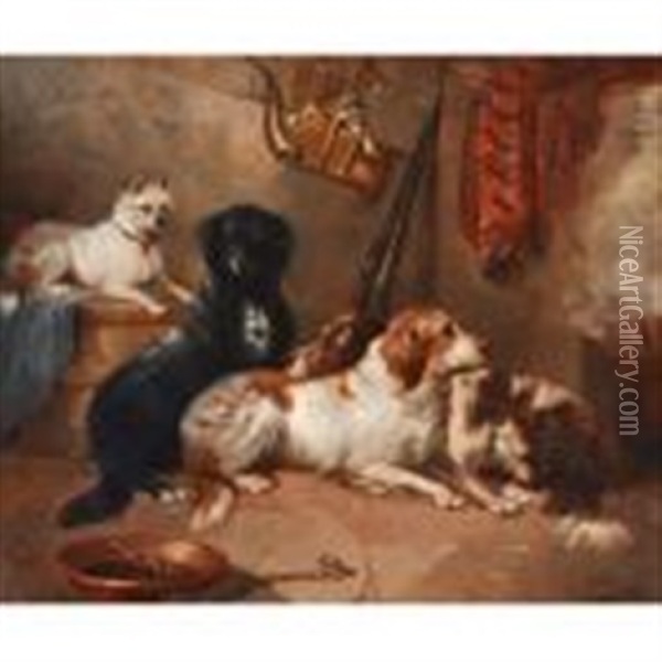Four Dogs In Interior Setting Oil Painting - George Armfield