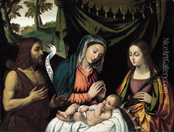 Madonna Col Bambino, I Santi Giovanni Battista E Caterina Oil Painting - Gian Paolo Lolmo