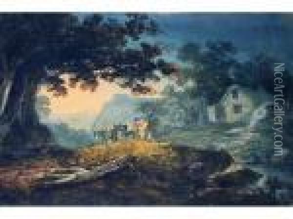 Figures With Two Ponies In A Landscape Oil Painting - William Payne