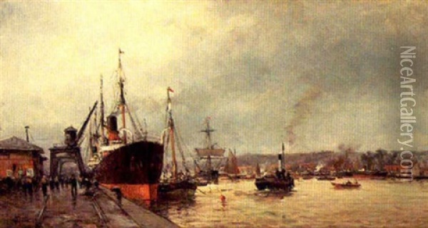 Steam-sailer And Trading Ships At A Mediterranean Port Oil Painting - Charles Alexandre Malfray