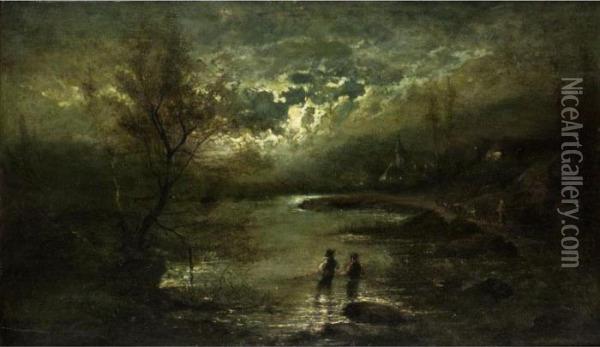 Fischer Im Uferwasser In Nachtlicher Seelandschaft Oil Painting - Edward Moerenhout