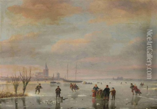 A Winter Landscape With Figures Skating Oil Painting - Nicolaas Johannes Roosenboom
