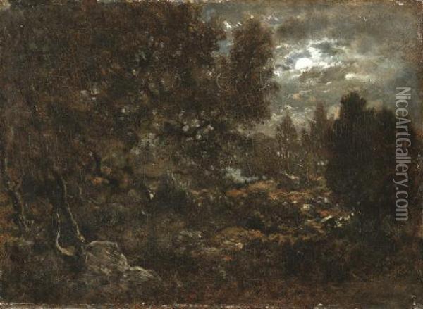 Clairiere De Foret, Clair De Lune
Signed 'th Rousseau' Oil Painting - Theodore Rousseau