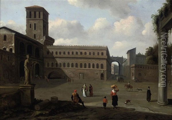 A Medieval Town Square With Figures Beside Roman Ruins Oil Painting - Jan Cornelisz Holblock