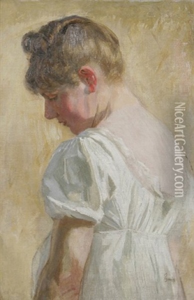 Junge Frau Im Weisen Kleid, Im Dreiviertelprofil Von Hinten Gesehen Oil Painting - Robert Von Haug