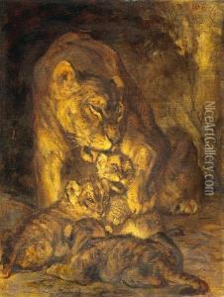 A Lioness And Her Cubs Oil Painting - Cornelis Jan Mension