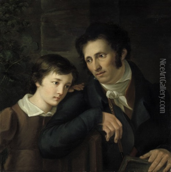 Doppelbildnis Eines Zeichners Mit Seinem Sohn Oil Painting - Johann Friedrich Matthaei