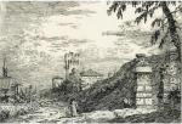 Paesaggio Con Torre E Due Pilastri In Rovina Oil Painting - (Giovanni Antonio Canal) Canaletto