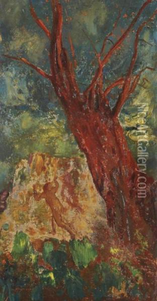 L'arbre Rouge, Une Silhouette En Fuite Oil Painting - Odilon Redon