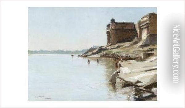 Les Bords Du Gange A Benares Oil Painting - Jean, Dit Tancrede Bastet
