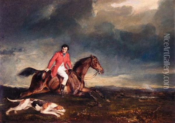 John Dalyell, Master Of The Puckeridge Hounds On A Bay Hunter With A Hound In A Landscape Oil Painting - Sir Francis Grant