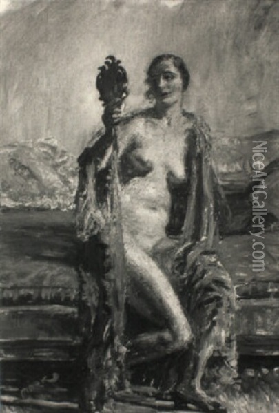 Sitzender Weiblicher Akt Auf Rotem Sofa Oil Painting - Lajos Mark