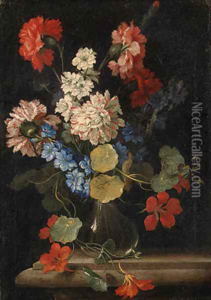 Carnations, nasturtiums and other flowers in a vase on a stone ledge Oil Painting - Nicolo Stanchi