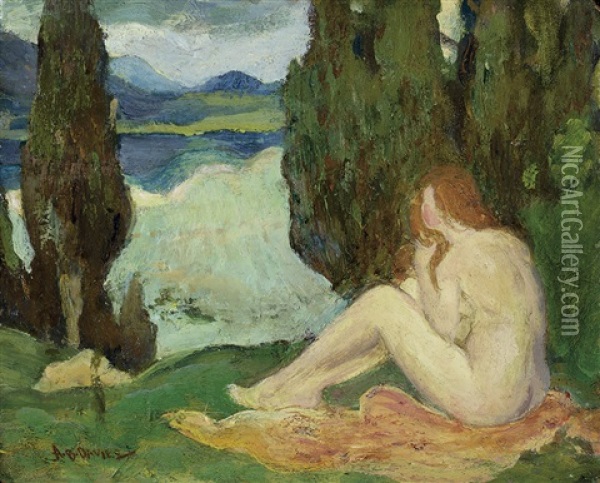Landscape With A Seated Female Nude Oil Painting - Arthur B. Davies