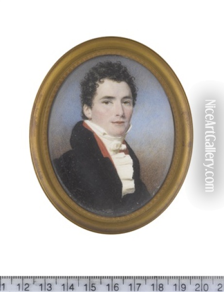 A Gentleman, Wearing Black Coat, Vermilion Waistcoat, White Chemise, Stock And Concertinaed Cravat Oil Painting - Samuel John Stump