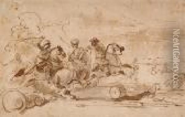 Sketch For A Battle Scene With Three Horsemen With Sabres Drawn Oil Painting - Jacques Courtois Le Bourguignon