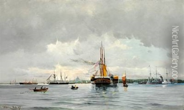 The Danish And The English Royal Yachts And The Russian Imperial Yacht Are Being Saluted In The Copenhagen Harbour Oil Painting - Vilhelm Victor Bille