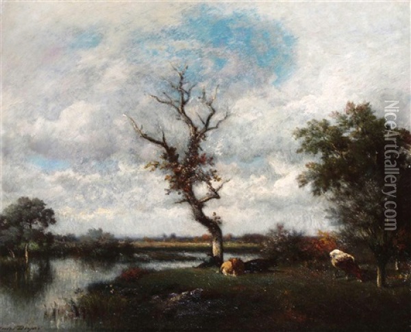 Cattle In A River Landscape Oil Painting - Jules Dupre