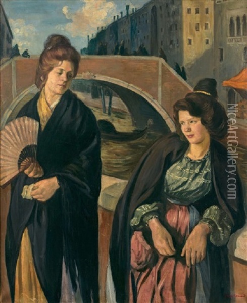 Deux Venitiennes Au Pont De La Salute Oil Painting - Emile Bernard