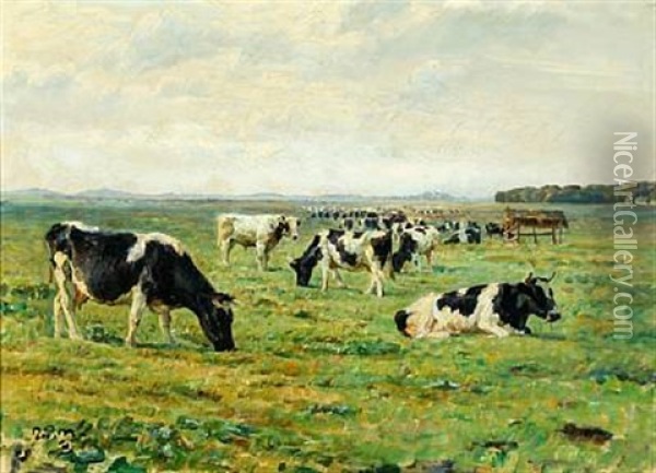 Landscape With Grasing Cows Oil Painting - Niels Pedersen Mols