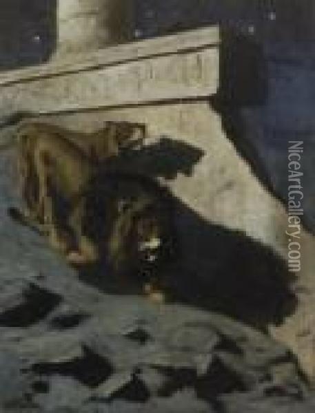 Couple De Lions La Nuit Au Pied D'un Temple Oil Painting - Gustav Wertheimer