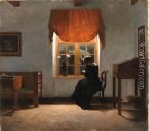 A Woman Knitting By A Window Oil Painting - Peder Vilhelm Ilsted