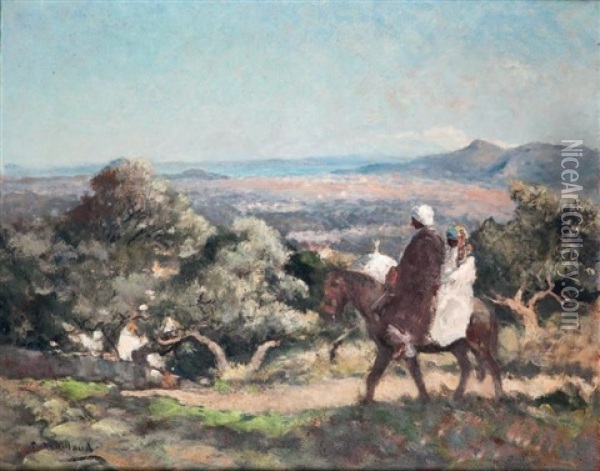 Homme Et Femme A Cheval Dans Un Paysage D'afrique Du Nord Oil Painting - Fernand Maillaud