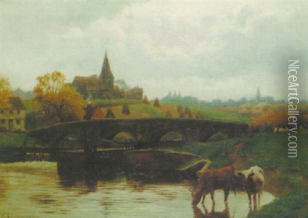 Cattle Watering Near A Lock Oil Painting - William Sidney Cooper