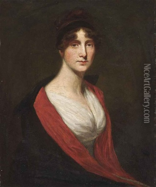 Portrait Of A Lady (hannah Penrice (1760-1829)?) In A Black And Red Coat Oil Painting - George Romney