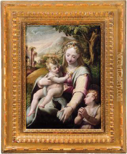Madonna Con Il Bambino E San Giovannino In Un Paesaggio Oil Painting - Girolamo Macchietti Del Crocefissaio