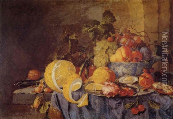 Fruit In A Porcelain Bowl, Oysters, An Orange, Cherries And A Rose On A Plate, A Wine Glass, Hazelnuts, A Knife And A Lemon On A Partly Draped Table Oil Painting - Cornelis De Heem