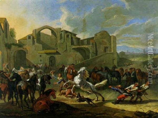 A Horse Market Oil Painting - Pieter van Bloemen