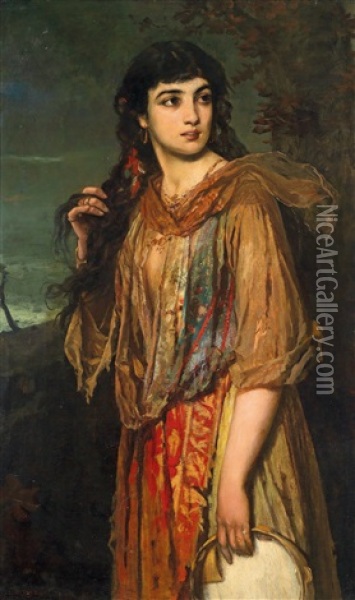Gypsy Girl With Tambourine Oil Painting - Anton Romako