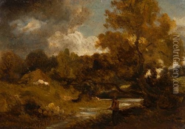 Angler On The River In Autumn Oil Painting - William James Mueller