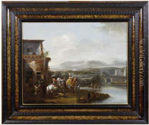 Cavaliers Dans Un Paysage De Riviere Avec Manoir Et Pont Oil Painting - Pieter Wouwermans or Wouwerman