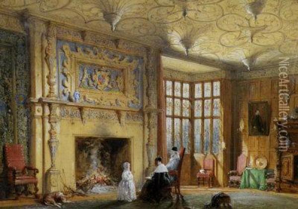 Figures Beside A Fireplace In An Elizabethan Interior Oil Painting - George Cattermole