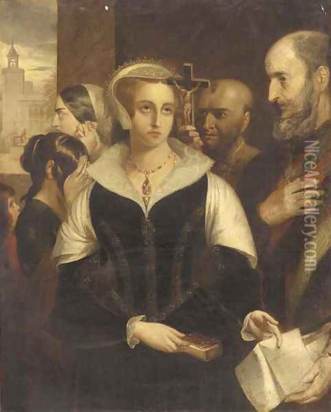 Mary Queen of Scots accepting her death warrant at Fotheringay Castle Oil Painting - Alfred Elmore