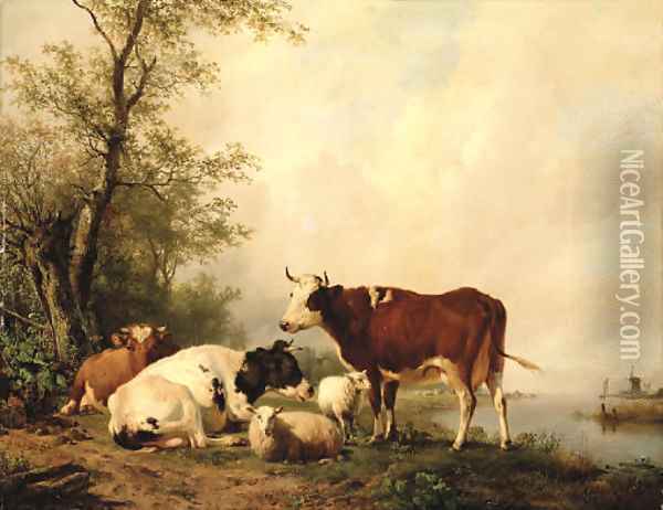 Cattle in a river landscape Oil Painting - Hendrikus van den Sande Bakhuyzen