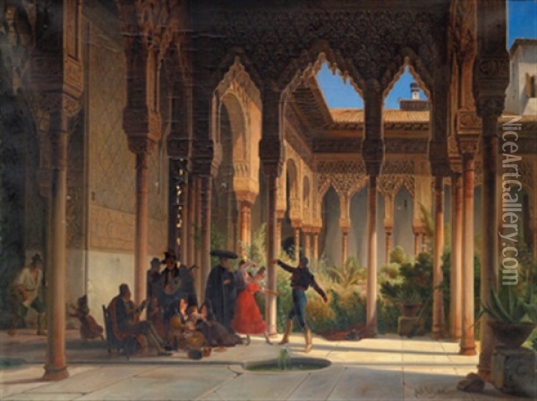 Tanz In Einem Spanischen Innenhof (alhambra) Oil Painting - Wilhelm Gail